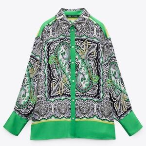 ZARA PRINTED SATIN BUTTON DOWN BLOUSE